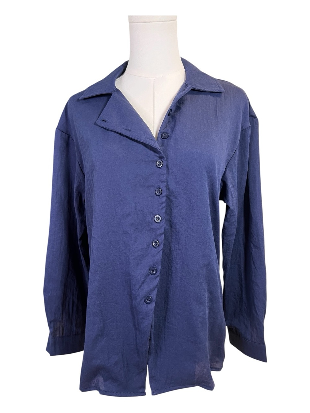 NWOT Blue Crinkle Linen Button Front Blouse Asymmetrical Placket | Size S